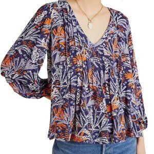 Anthropologie, Maeve, Cathy blouse, blue and orange jungle print, L